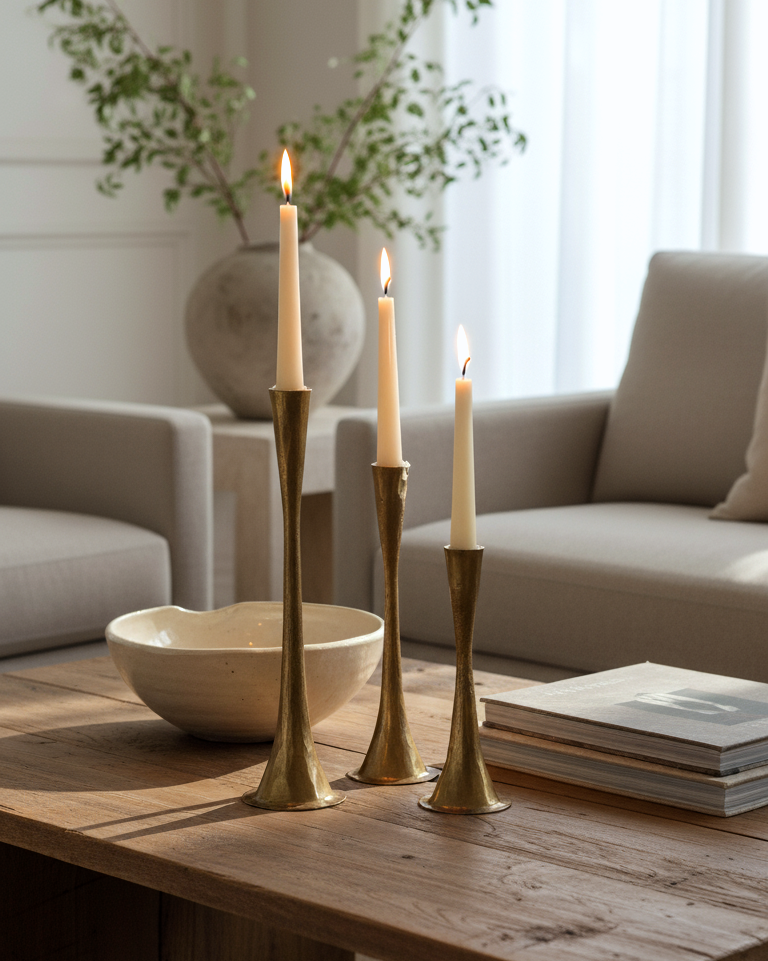Three lit candles in gold candle holders on a wooden table with a cozy living room background.