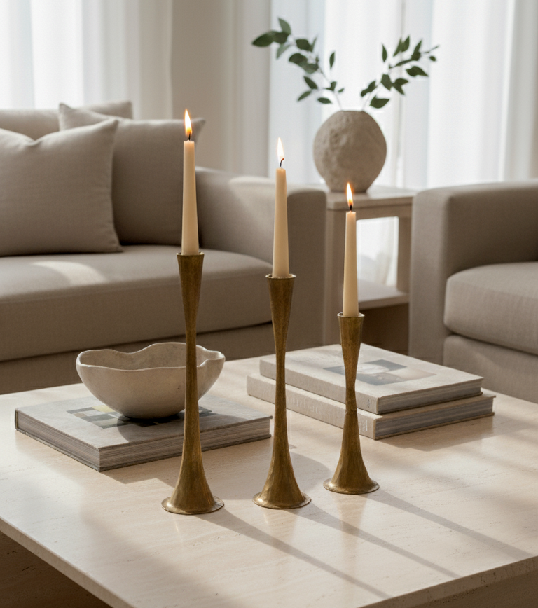 Three lit candles in gold candlesticks on a coffee table with a neutral-colored sofa and decor in the background.