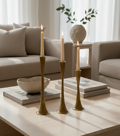 Three lit candles in gold candlesticks on a coffee table with a neutral-colored sofa and decor in the background.