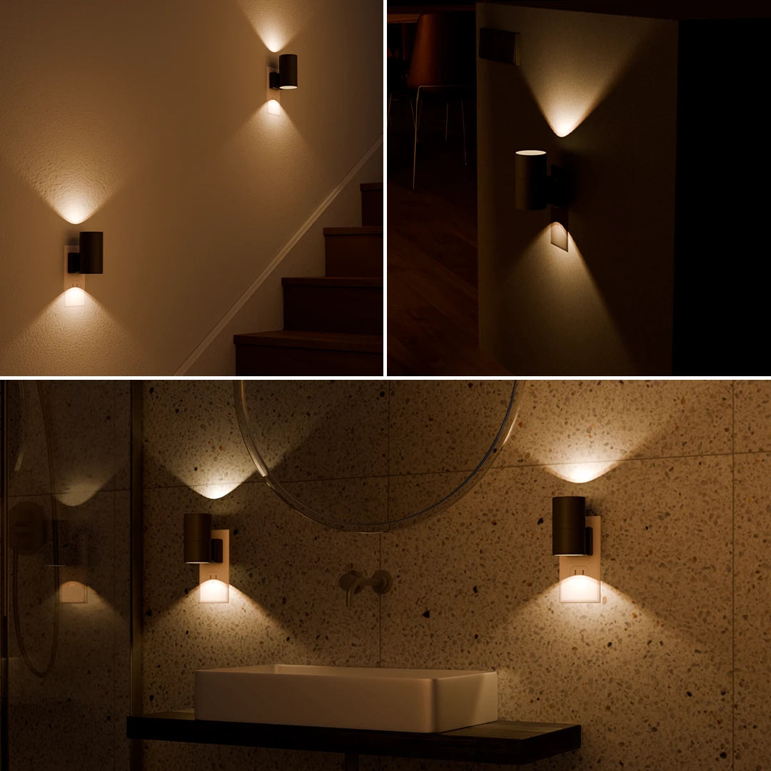 Collage of wall-mounted lights in various settings, including a bathroom.