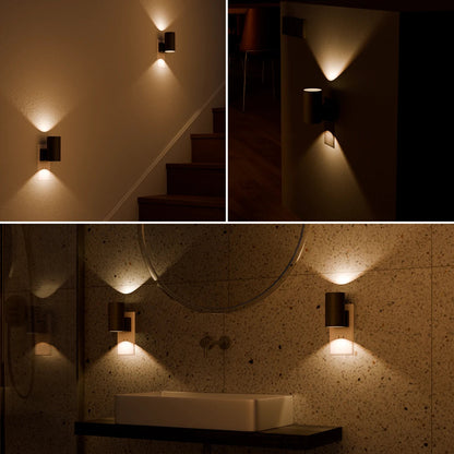 Collage of wall-mounted lights in various settings, including a bathroom.