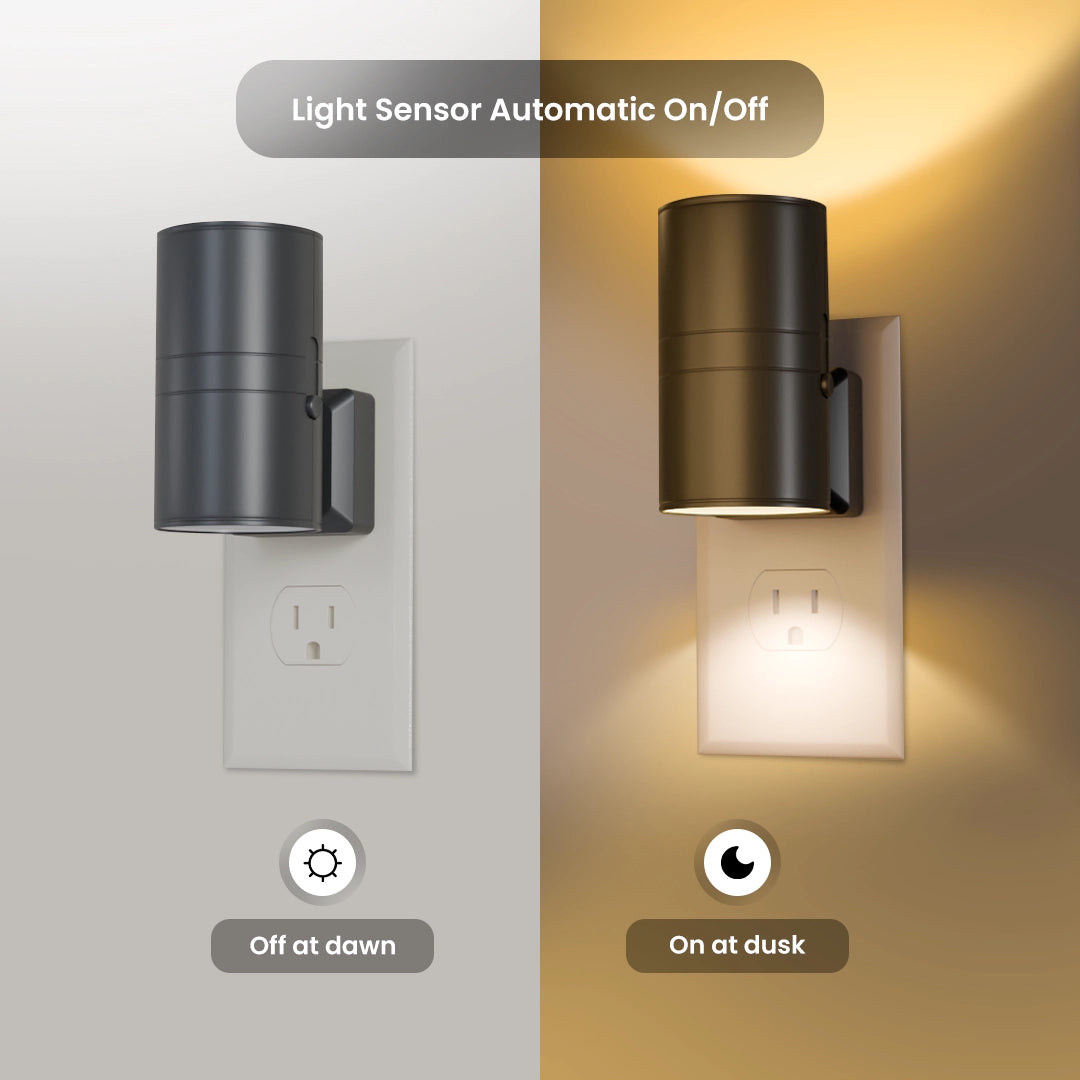 Outdoor wall light fixture with light sensor on a neutral background