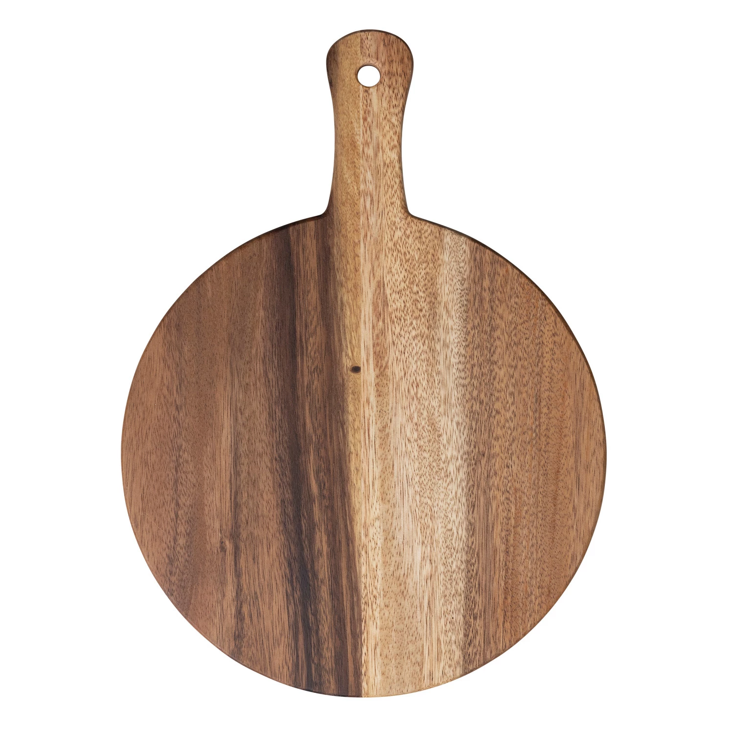 Wooden pizza peel with a handle on a white background