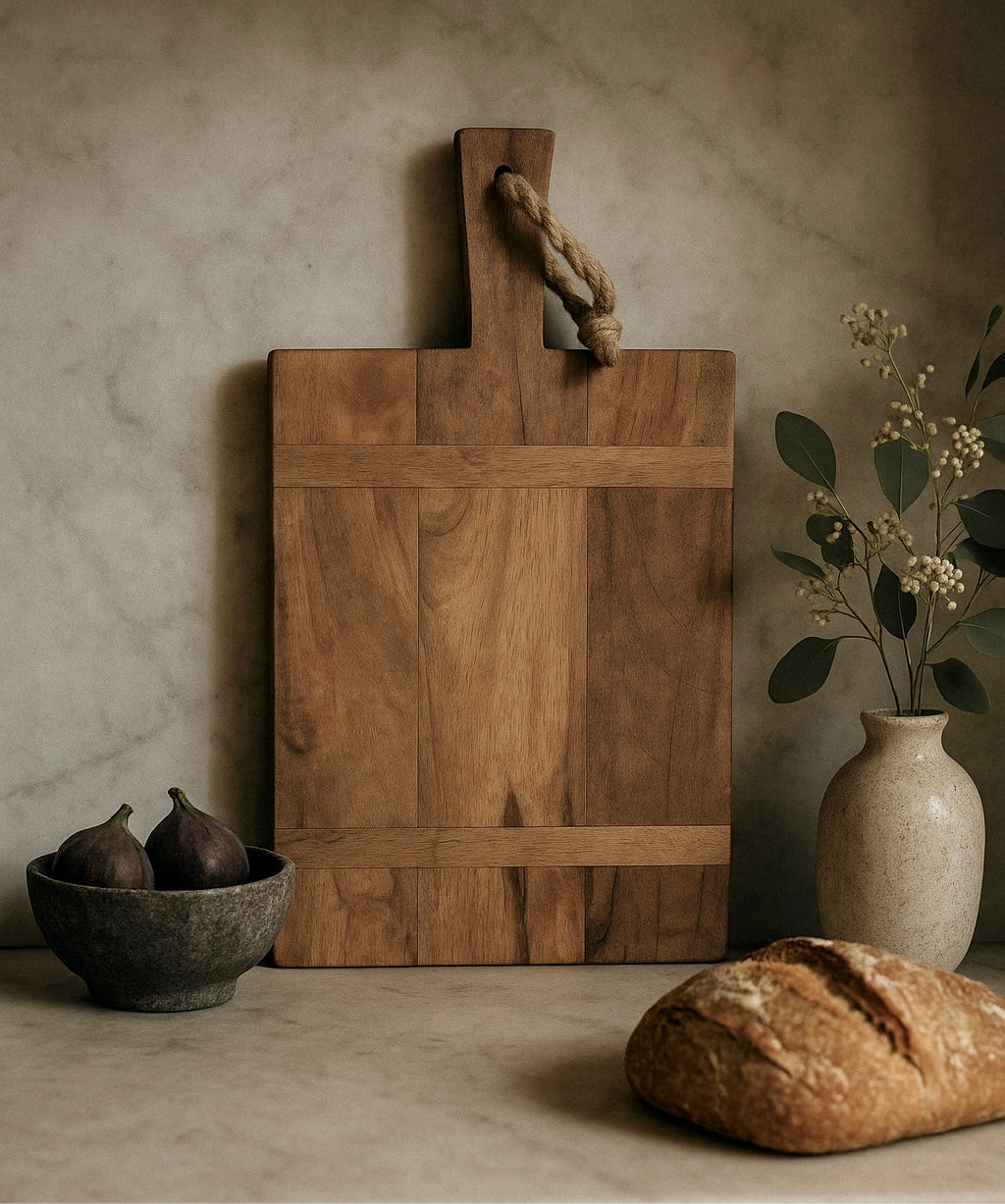 Wooden cutting board with a rustic setting including bread, figs, and a vase.