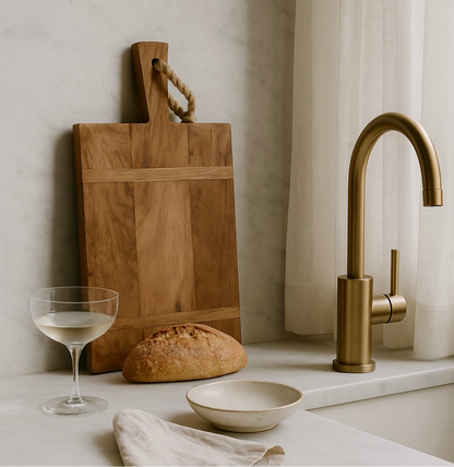 Wooden cutting board, loaf of bread, glass of wine, and kitchen faucet on a countertop.