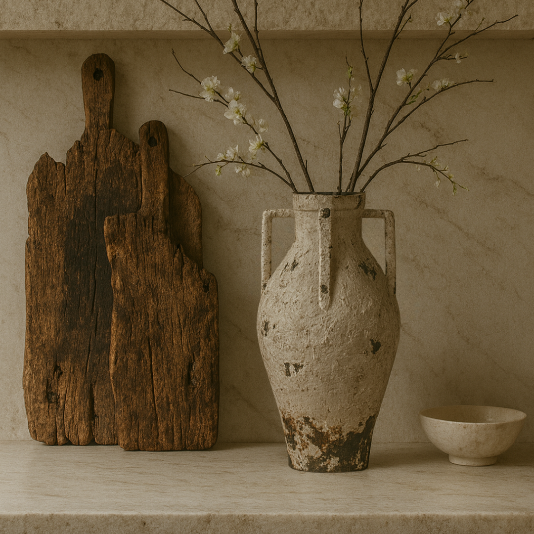 Vintage vase with floral arrangement on a shelf with wooden cutting board and bowl.