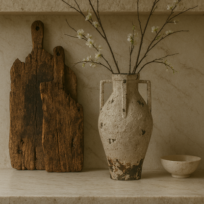 Vintage vase with floral arrangement on a shelf with wooden cutting board and bowl.