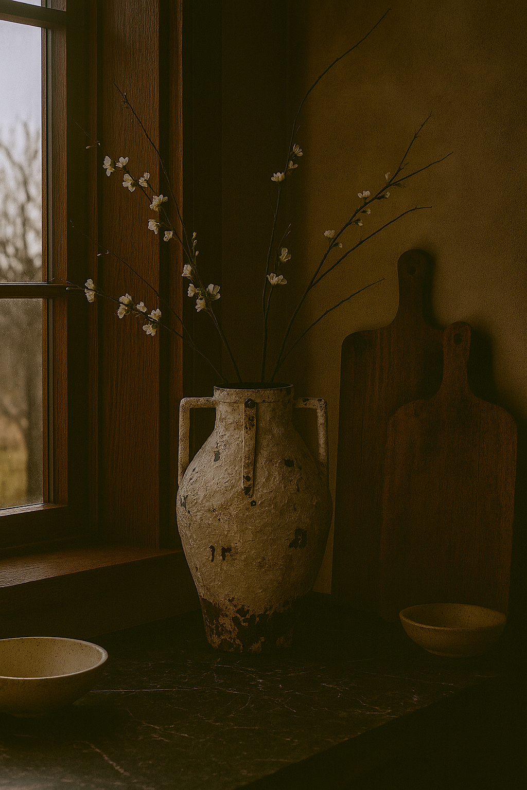 Vintage ceramic jar with branches against a rustic wall.