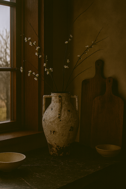 Vintage ceramic jar with branches against a rustic wall.