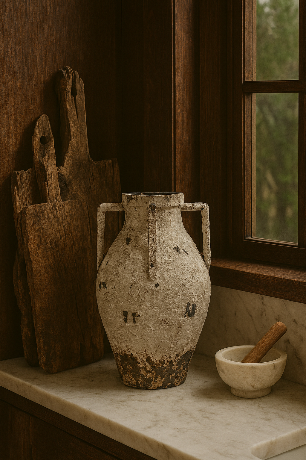 Vintage ceramic vase on a marble surface with a window in the background