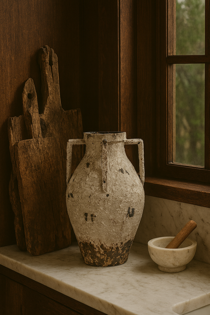 Vintage ceramic vase on a marble surface with a window in the background