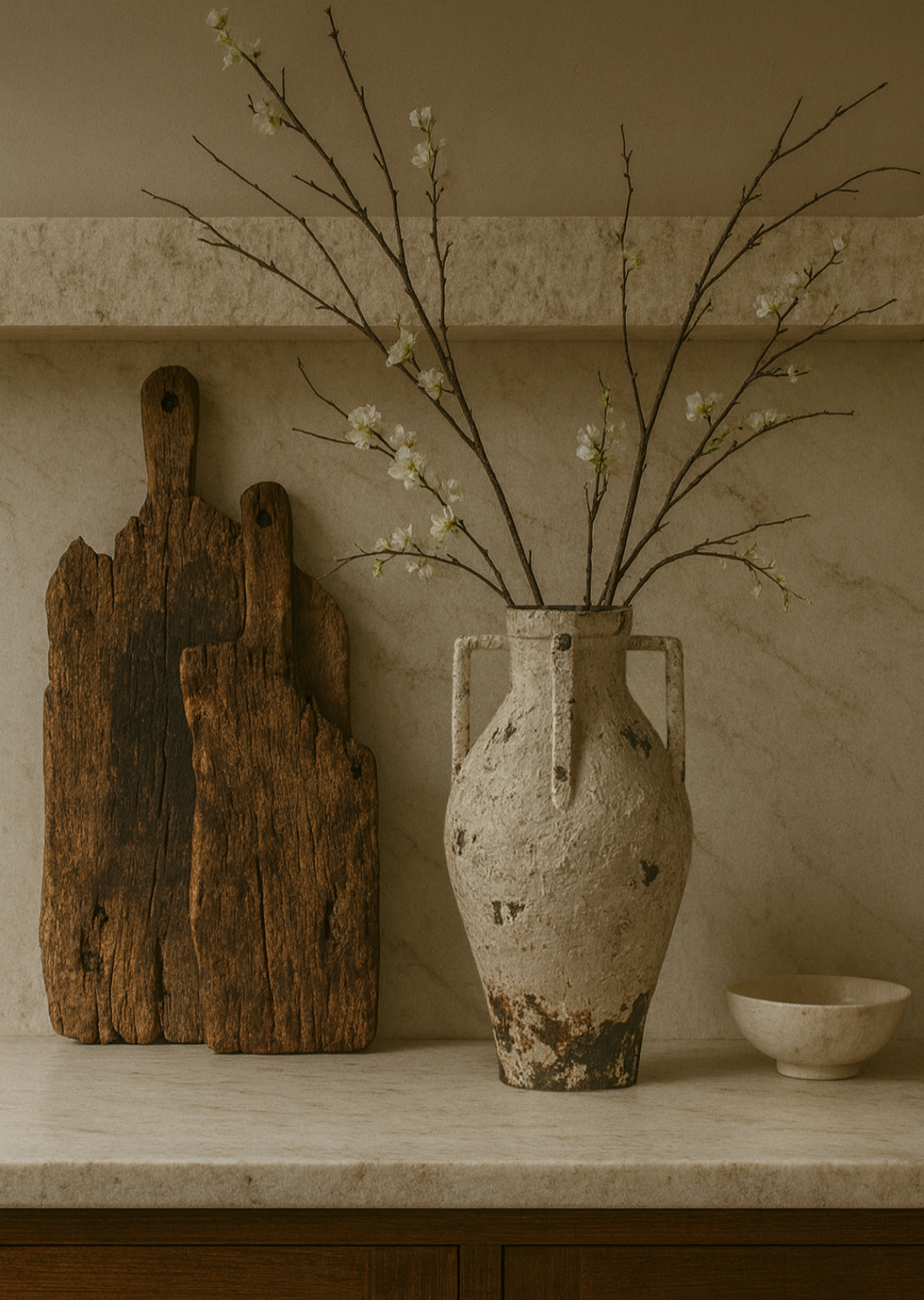 Vase with branches and a bowl on a shelf against a neutral wall