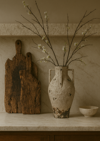 Vase with branches and a bowl on a shelf against a neutral wall