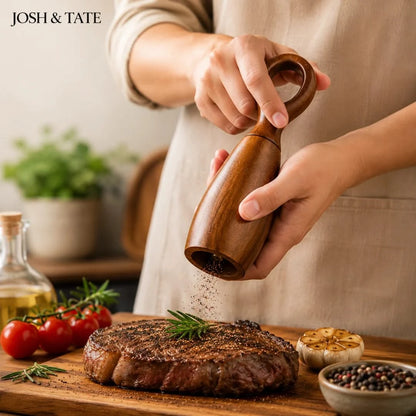 Josh & Tate - Arden Wooden Salt & Pepper Mills - Person seasoning a steak with a wooden pepper grinder on a wooden cutting board.