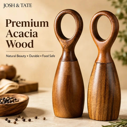 Josh & Tate - Arden Wooden Salt & Pepper Mills - Two wooden salt and pepper shakers with a beige background and text about premium acacia wood.