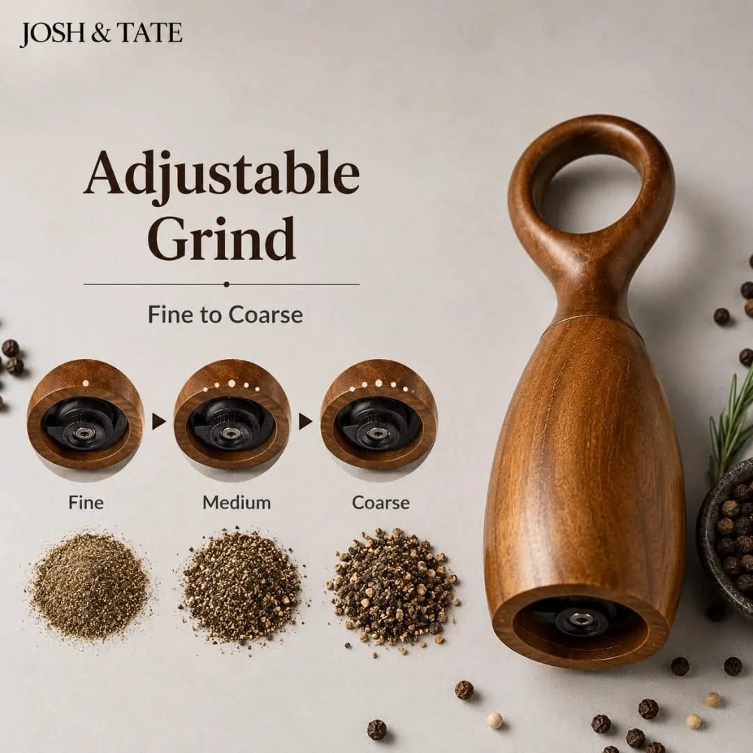 Josh & Tate - Arden Wooden Salt & Pepper Mills - Wooden adjustable grind pepper mill with pepper samples on a light background, featuring the brand 'Josh & Tate'.
