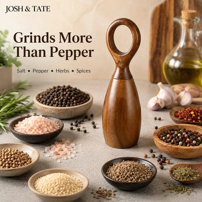 Josh & Tate - Arden Wooden Salt & Pepper Mills - Wooden grinder with various spices and herbs on a table, featuring 'Josh & Tate' brand.