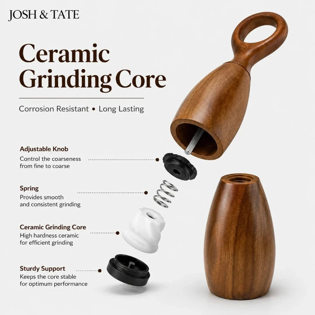 Josh & Tate - Arden Wooden Salt & Pepper Mills - Wooden grinder with ceramic grinding core and adjustable knob on a white background, featuring Josh & Tate branding.