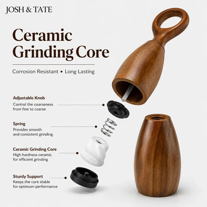 Josh & Tate - Arden Wooden Salt & Pepper Mills - Wooden grinder with ceramic grinding core and adjustable knob on a white background, featuring Josh & Tate branding.