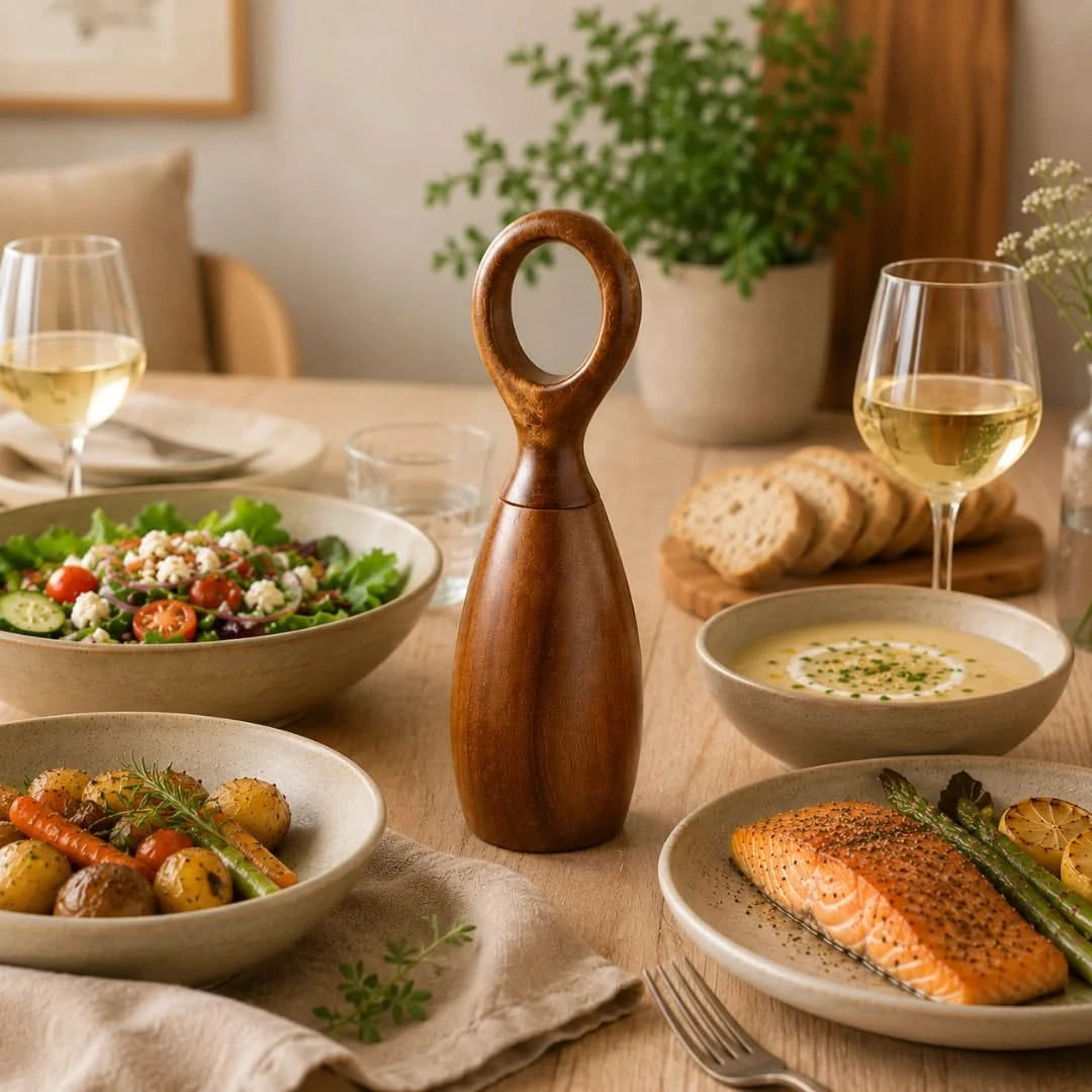 Josh & Tate - Arden Wooden Salt & Pepper Mills - Dining table set with various dishes including salad, soup, roasted vegetables, and salmon, accompanied by wine glasses and a wooden salt grinder.