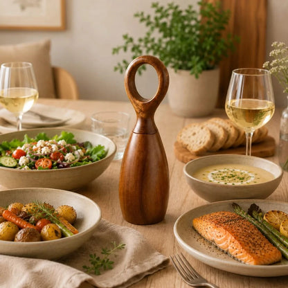 Josh & Tate - Arden Wooden Salt & Pepper Mills - Dining table set with various dishes including salad, soup, roasted vegetables, and salmon, accompanied by wine glasses and a wooden salt grinder.