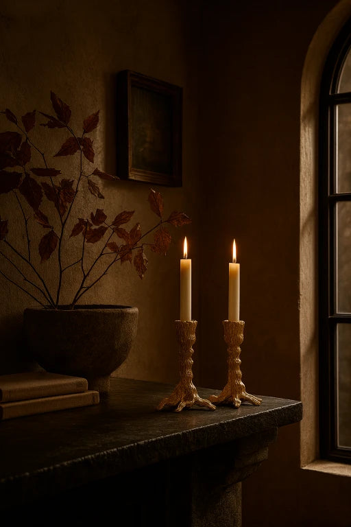 Josh & Tate - Artemis Taper Candle Stand - Set of 2 - Two lit candles on a stone surface with a decorative plant and framed picture in the background.