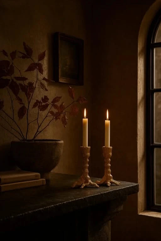 Josh & Tate - Artemis Taper Candle Stand - Set of 2 - Two lit candles on a stone surface with a decorative plant and framed picture in the background.