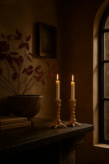 Josh & Tate - Artemis Taper Candle Stand - Set of 2 - Two lit candles on a stone surface with a decorative plant and framed picture in the background.