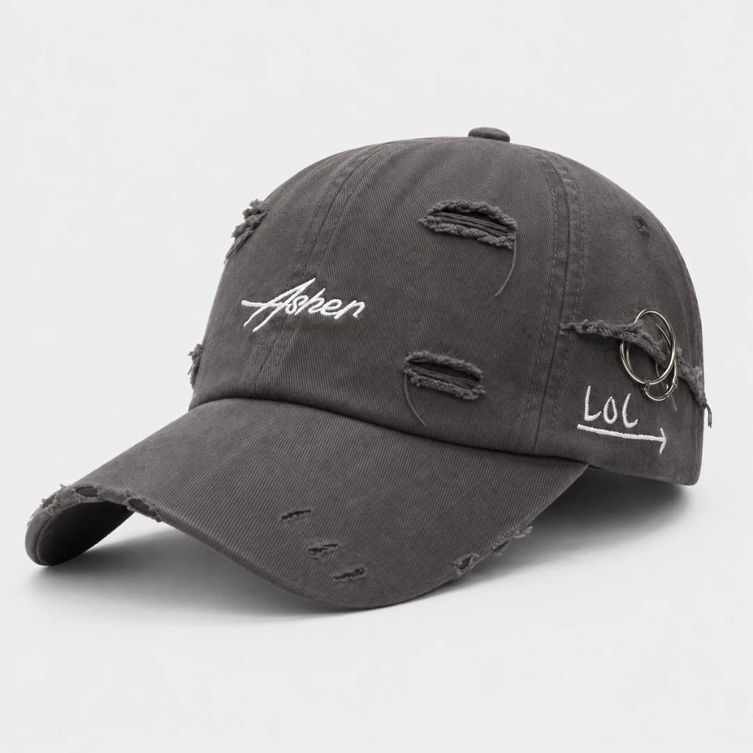 Josh & Tate - AsherLOL™ Distressed Cap - Gray baseball cap with a logo on a white background