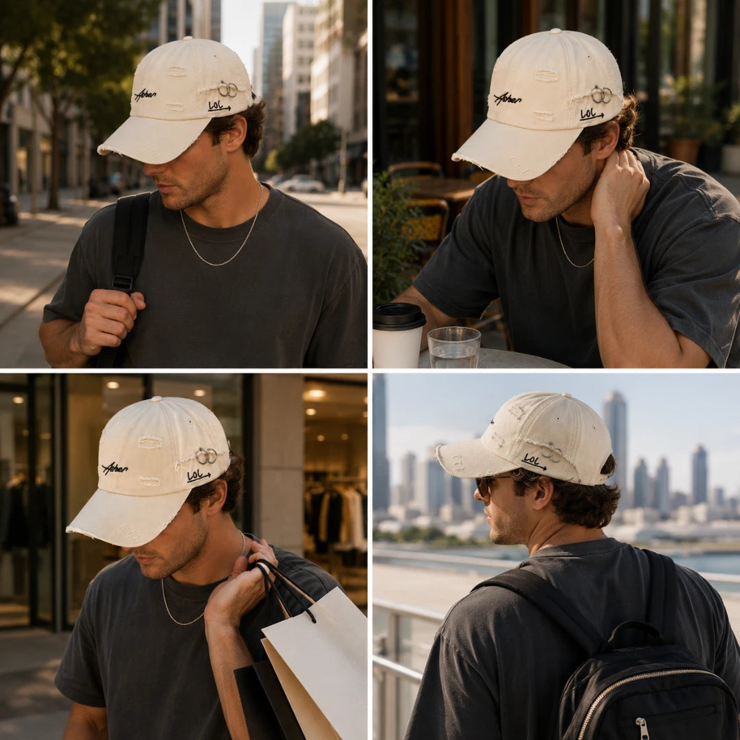 Josh & Tate - AsherLOL™ Distressed Cap - A man wearing a light beige baseball cap with distressed details and embroidered text, shown in a four-panel lifestyle collage in various outdoor settings. 