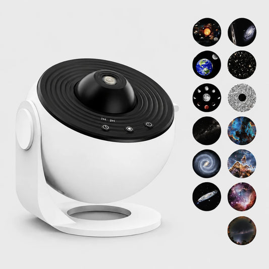Josh & Tate - AstroGlow Galaxy Projector Lamp | 13 Different Projections - A white and black space-themed projector or lamp on a light gray background, with a column of circular space and galaxy images on the right showing possible projection options.