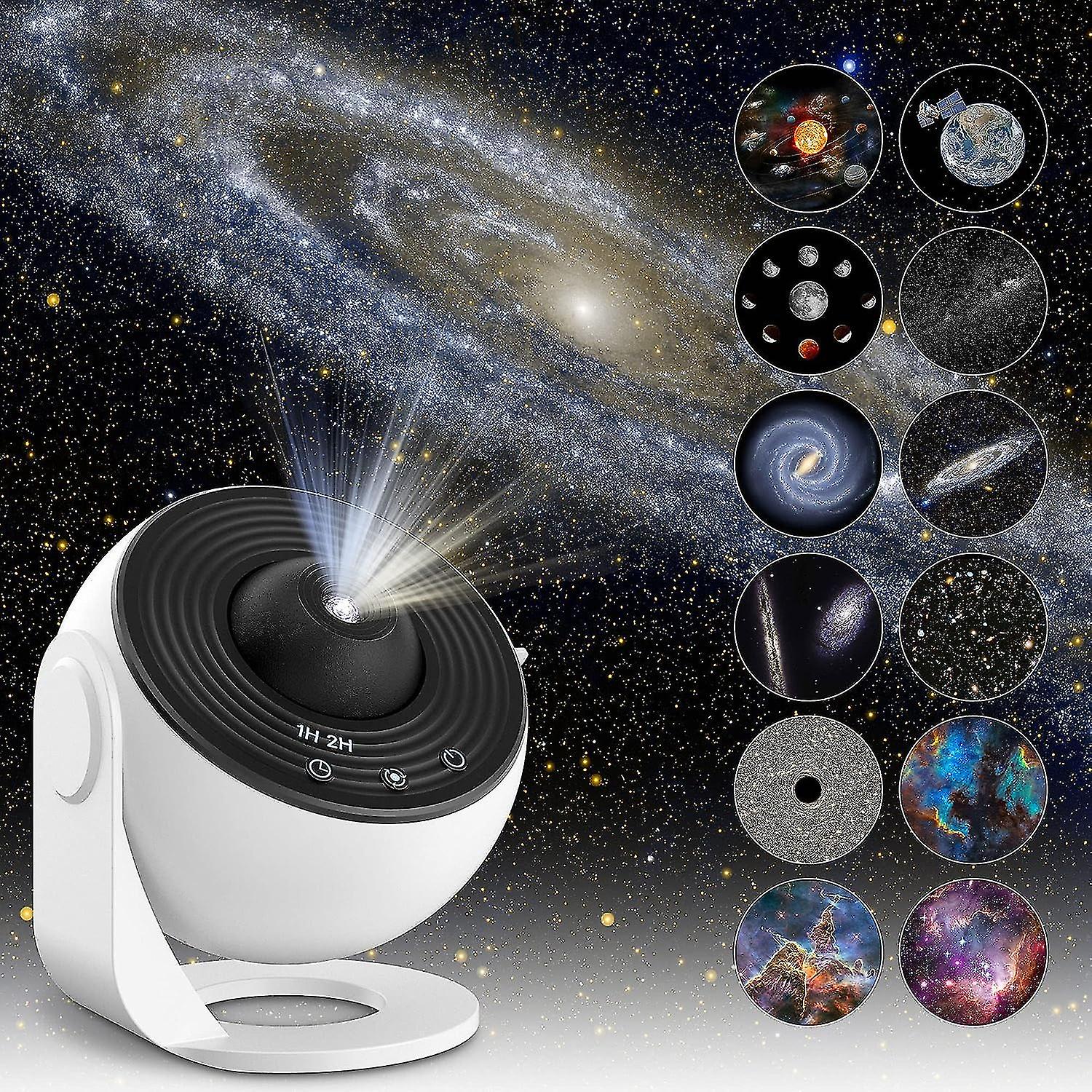 Star projector with galaxy images on a dark space-themed background