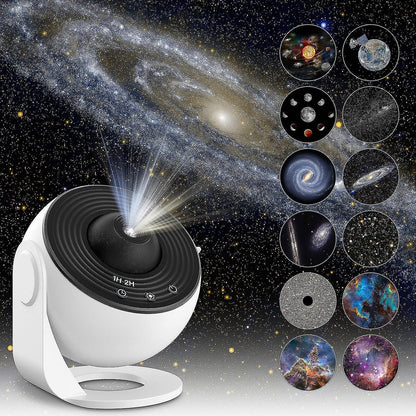 Star projector with galaxy images on a dark space-themed background
