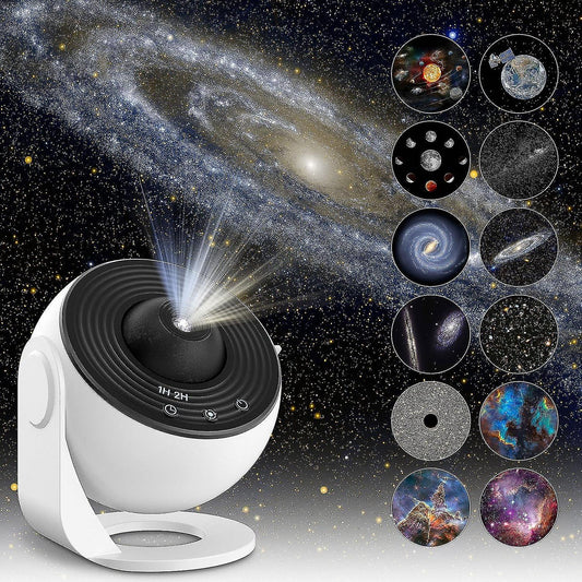 Star projector with galaxy images on a dark space-themed background