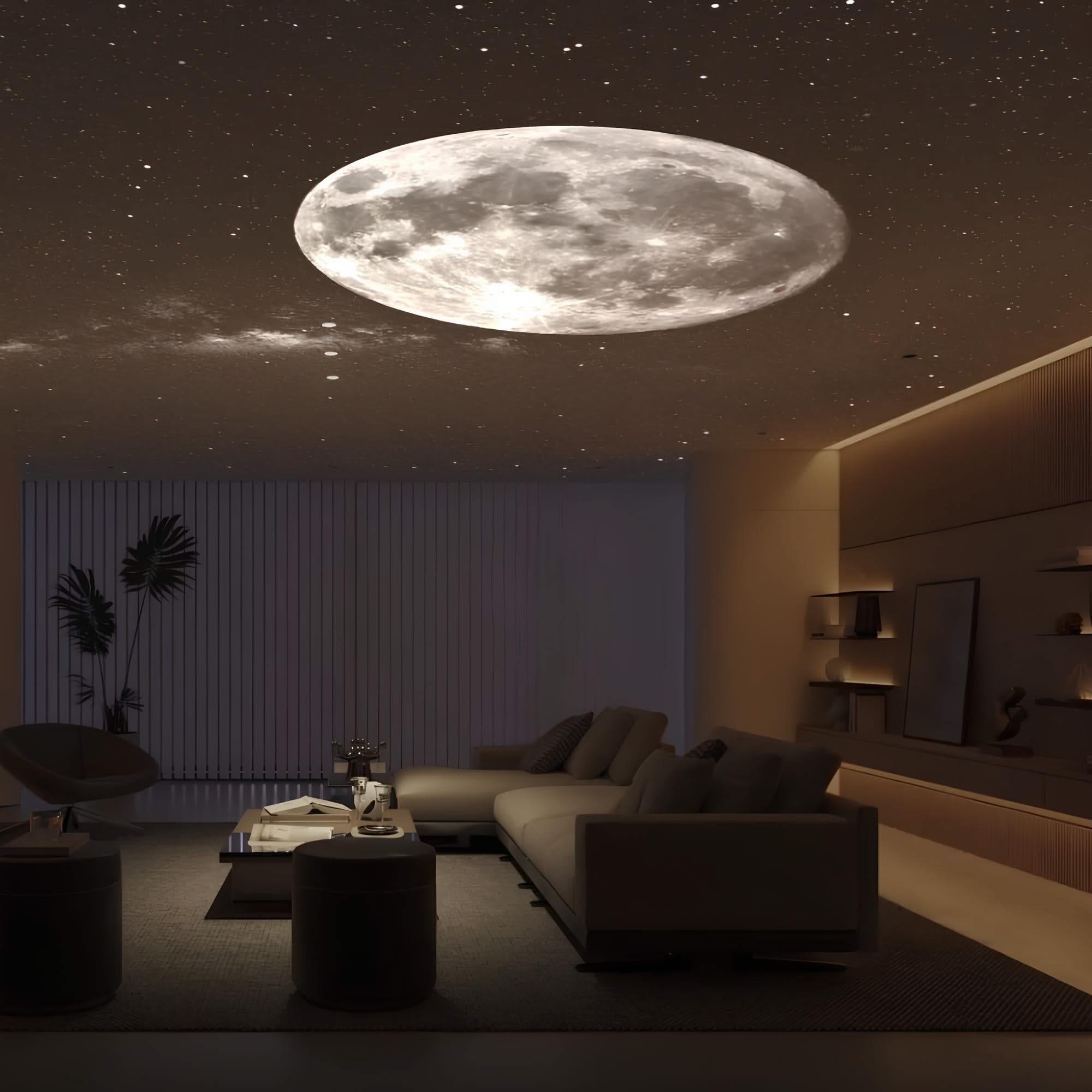 Modern living room with a large moon projected onto the ceiling