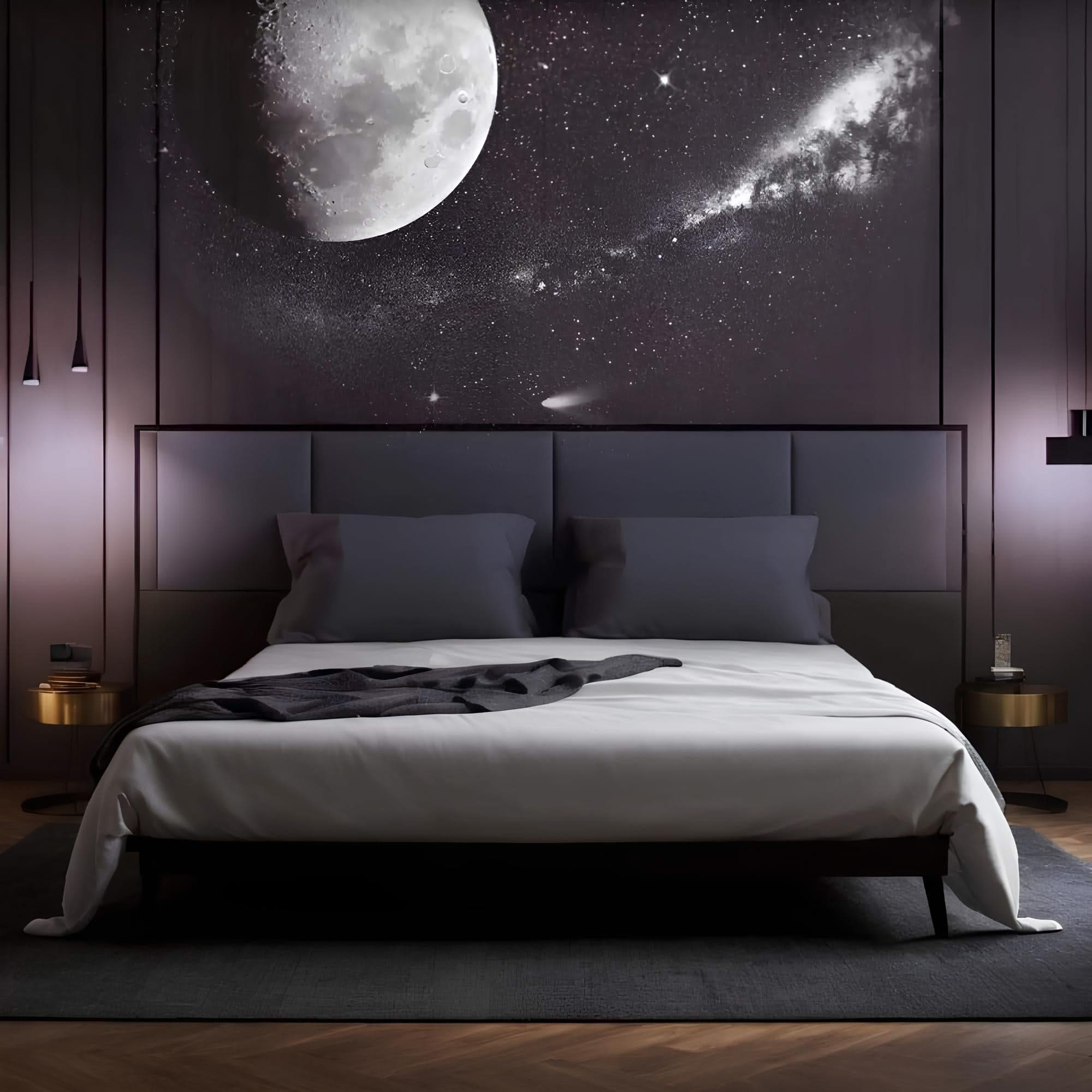 Modern bedroom with a large bed and a wall featuring a space-themed mural.