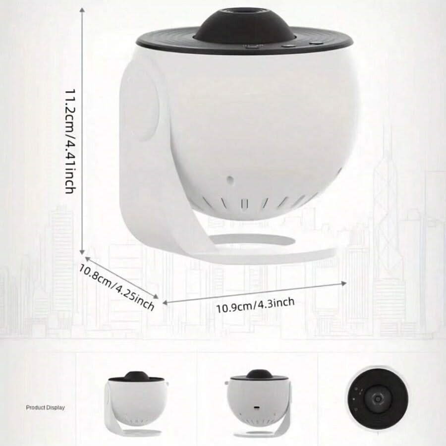 White spherical camera with dimensions indicated on a white background