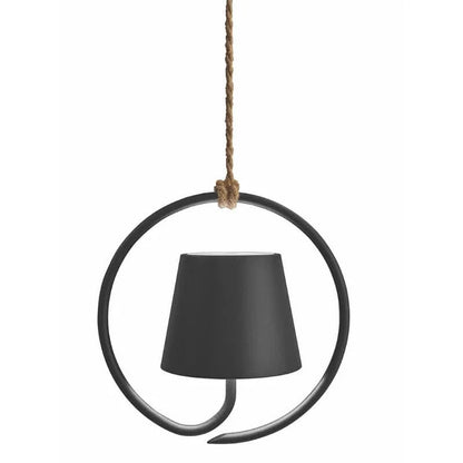 Black hanging lamp with circular design on a white background