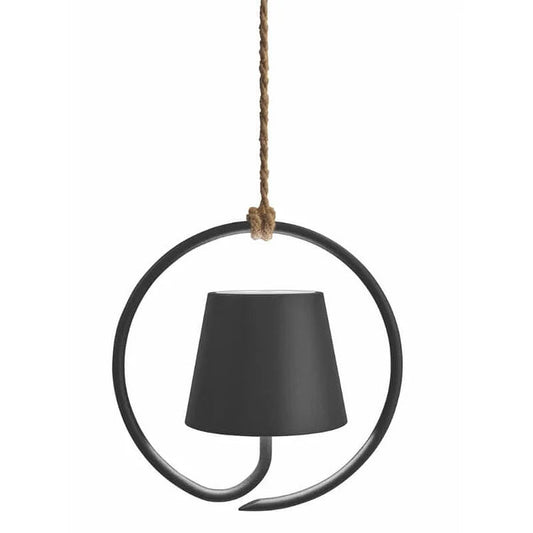 Black hanging lamp with circular design on a white background