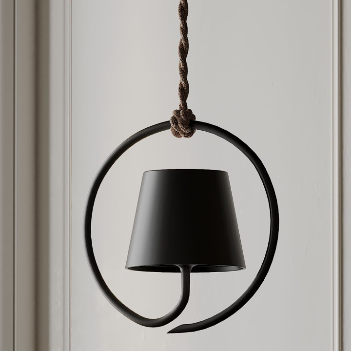 Modern black pendant light with circular design and rope suspension on a neutral background
