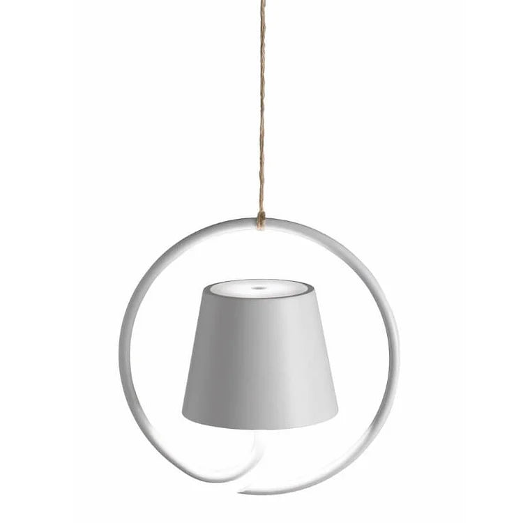 Pendant light with circular metal frame and gray lampshade on a white background