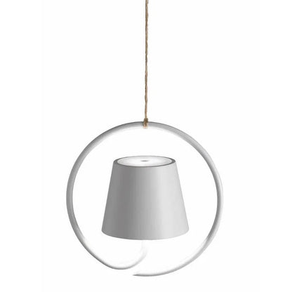 Pendant light with circular metal frame and gray lampshade on a white background