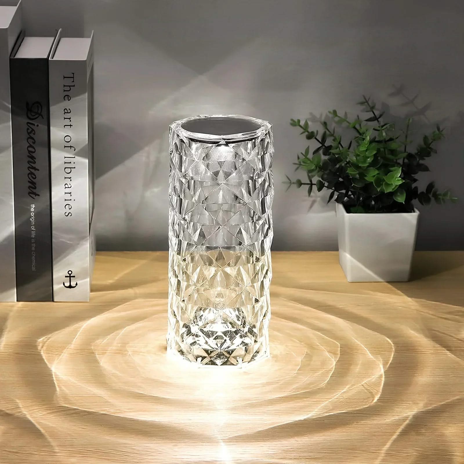 Crystal-like lamp on a wooden surface with a plant and books in the background