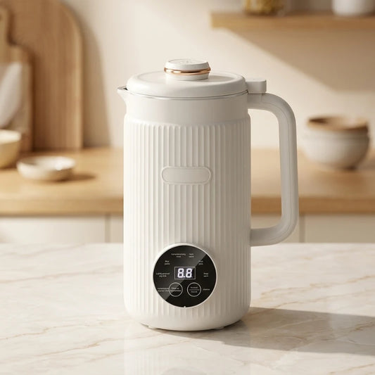 White ceramic teapot with digital display on a wooden surface