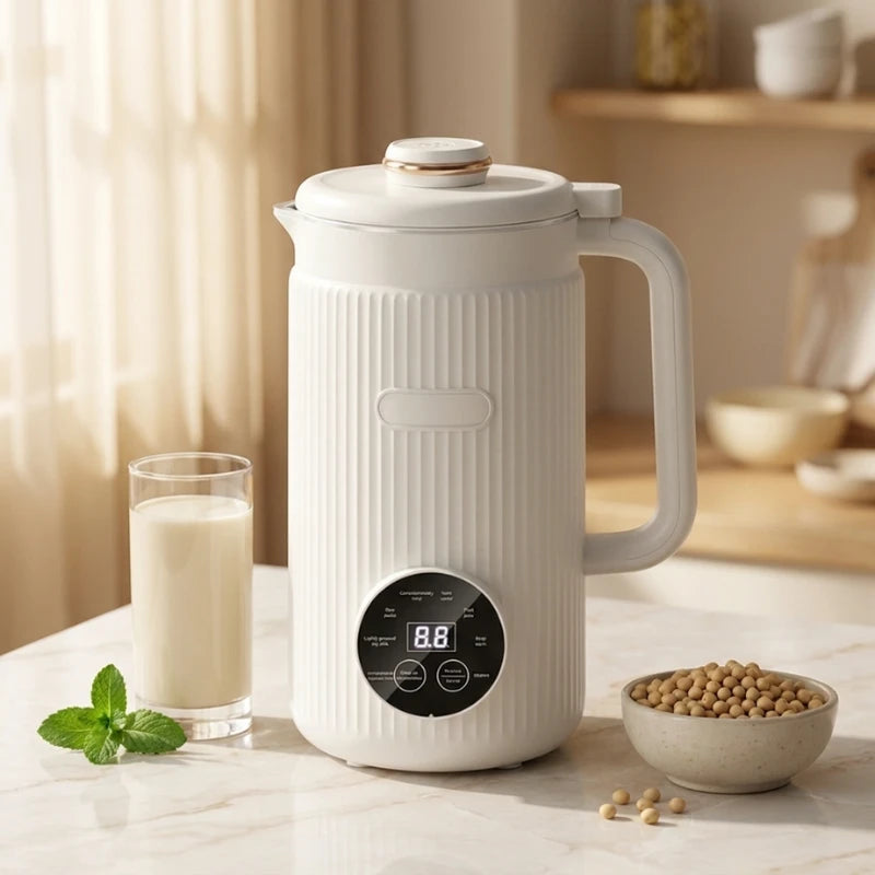White soy milk maker on a kitchen counter with a glass of soy milk and a bowl of soybeans.