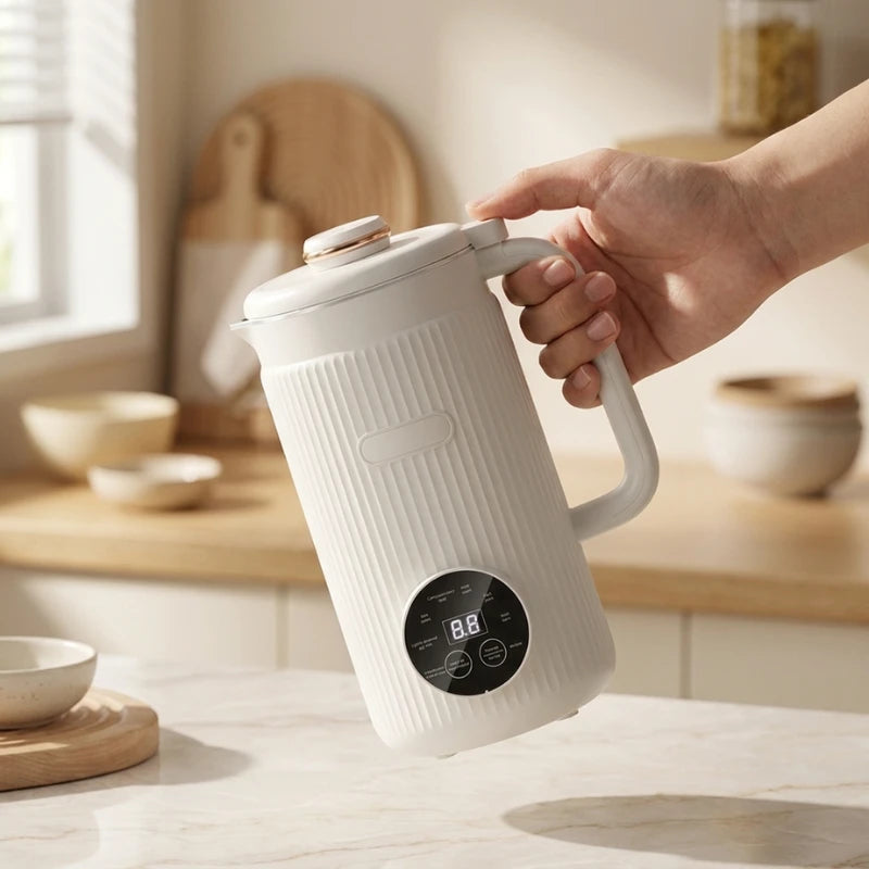 White electric kettle with digital display held by a hand in a kitchen setting