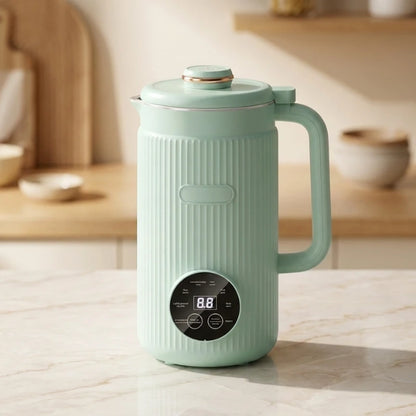 Mint green electric kettle with digital display on a kitchen counter