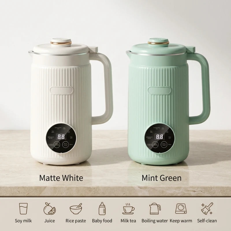 Two electric hot water bottles, one matte white and one mint green, on a light surface with icons below.