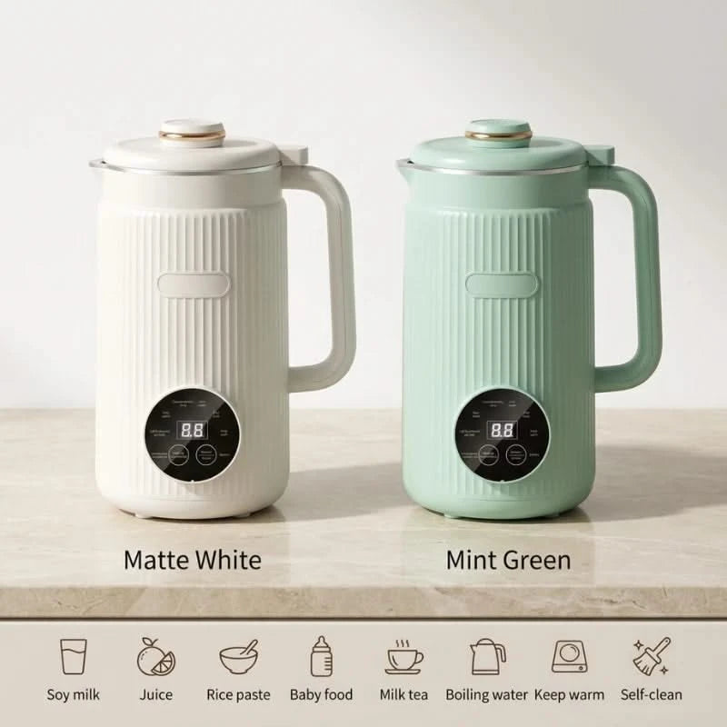 Two electric hot water bottles, one matte white and one mint green, on a light surface with icons below.