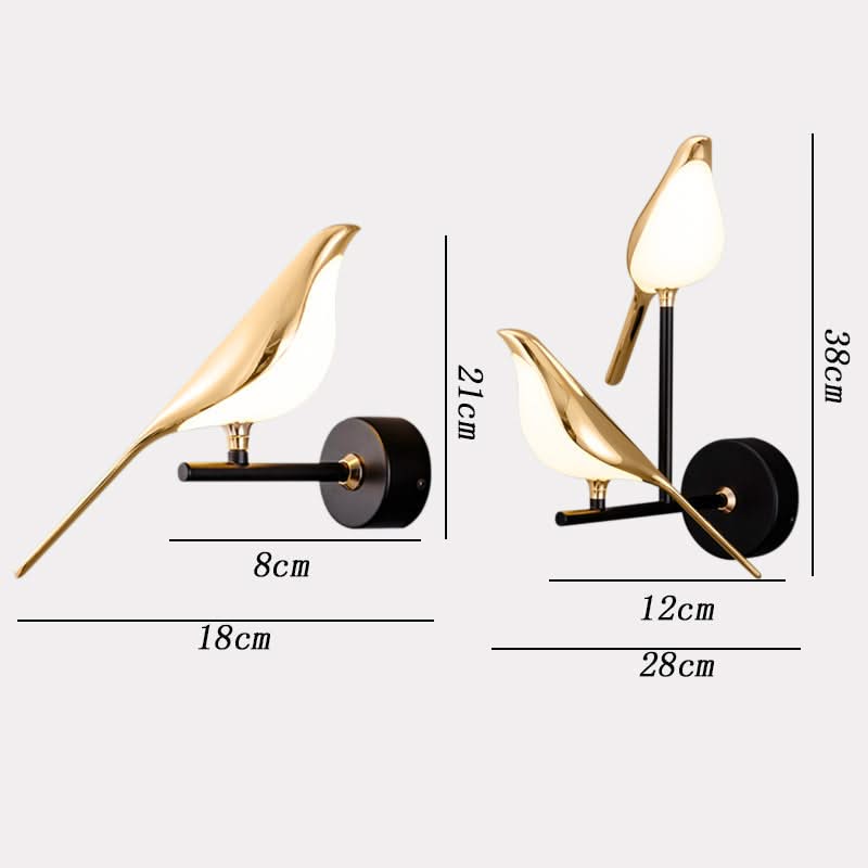 Wall sconces with gold bird-shaped design and measurements on a white background